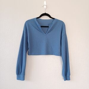 Blue Women's Cropped Top Waffle Knit Long Sleeve